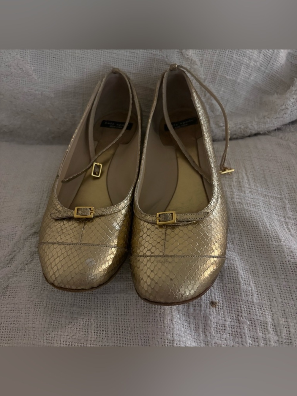 Size 8 kate spade Metallic Gold Textured Ballet Flats with Ankle Strap